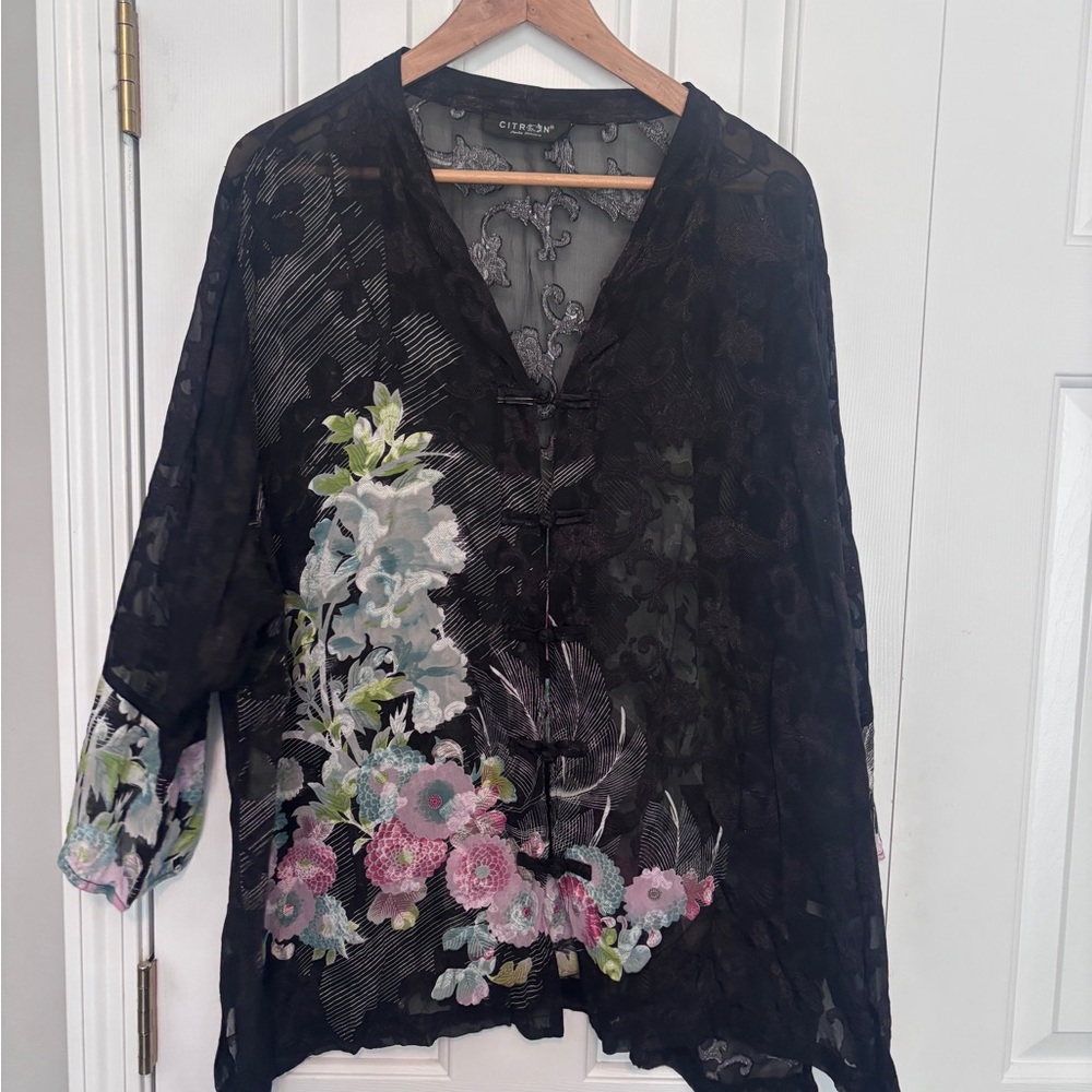 Citron Black Floral Blouse with Pink and Green Accents